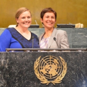 Two women standing at UN podium